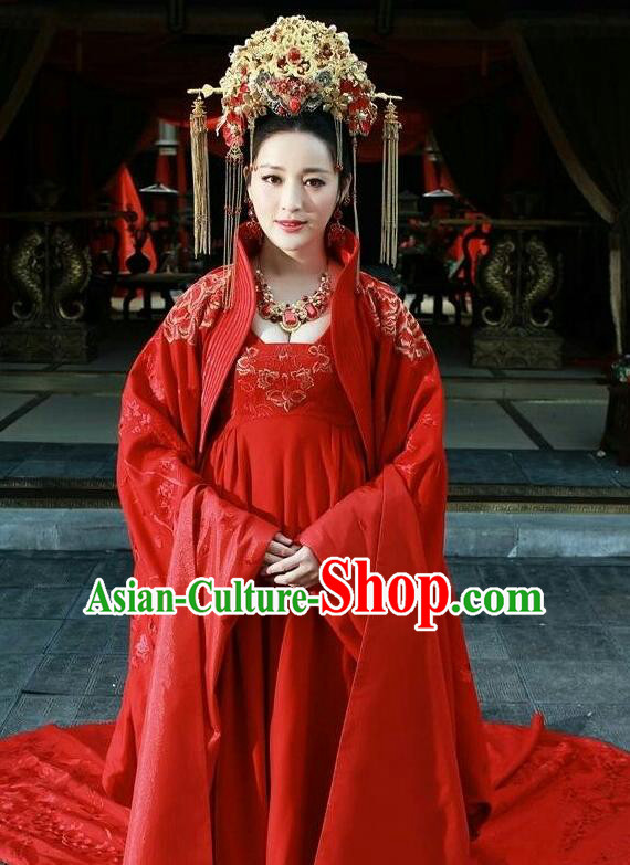 Asian Chinese Traditional Ming Dynasty Imperial Princess Wedding Costume and Headpiece Complete Set, China Elegant Hanfu Bride Embroidery Dress Clothing