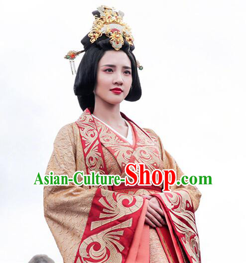 Asian Chinese Traditional Three Kingdoms Bride Wedding Costume and Headpiece Complete Set, The Advisors Alliance China Elegant Hanfu Princess Embroidery Bottom Drawer Dress