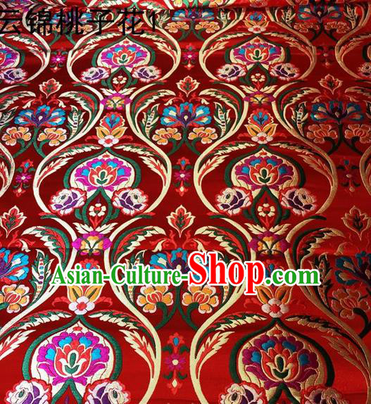 Traditional Asian Chinese Handmade Embroidery Peach Pattern Silk Satin Tang Suit Red Fabric, Nanjing Brocade Ancient Costume Hanfu Cheongsam Cloth Material