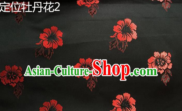 Traditional Asian Chinese Handmade Embroidery Red Peony Flowers Silk Satin Tang Suit Black Fabric, Nanjing Brocade Ancient Costume Hanfu Cheongsam Cloth Material