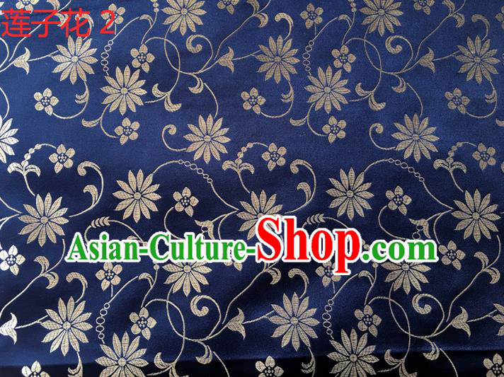 Traditional Asian Chinese Handmade Embroidery Lotus Flowers Silk Satin Tang Suit Navy Fabric Drapery, Nanjing Brocade Ancient Costume Hanfu Cheongsam Cloth Material