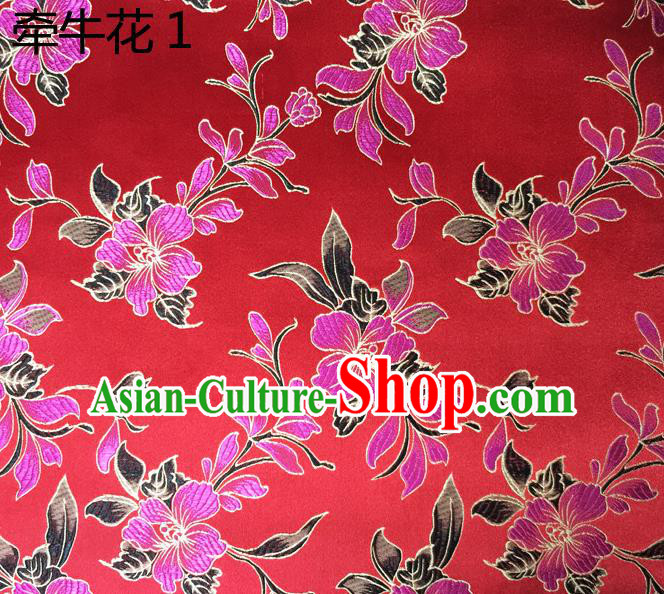 Traditional Asian Chinese Handmade Embroidery Morning Glory Flowers Silk Satin Tang Suit Red Fabric Drapery, Nanjing Brocade Ancient Costume Hanfu Cheongsam Cloth Material