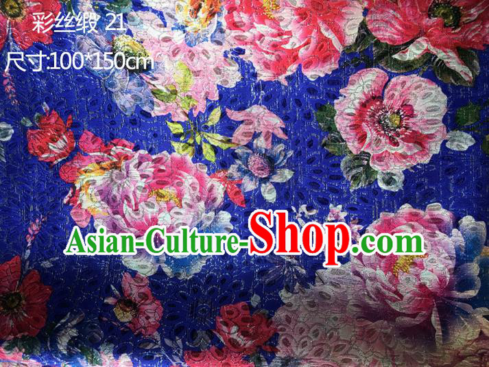 Traditional Asian Chinese Handmade Printing Peony Color Silk Satin Tang Suit Golden Fabric Drapery, Nanjing Brocade Ancient Costume Hanfu Cheongsam Cloth Material