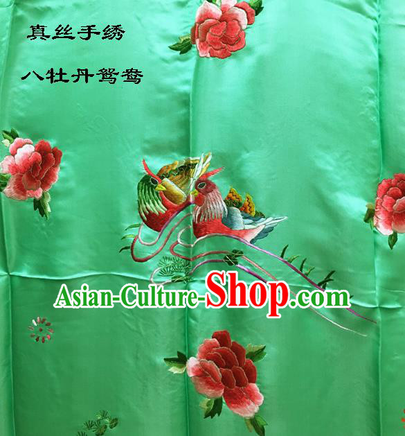 Traditional Asian Chinese Handmade Embroidery Mandarin Ducks Peony Quilt Cover Silk Tapestry Light Green Fabric Drapery, Top Grade Nanjing Brocade Bed Sheet Cloth Material