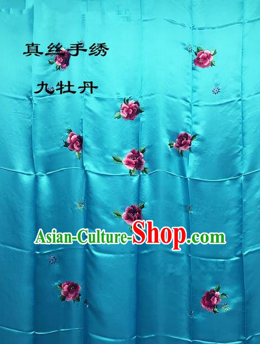 Traditional Asian Chinese Handmade Embroidery Ninth Peony Quilt Cover Silk Tapestry Deep Blue Fabric Drapery, Top Grade Nanjing Brocade Bed Sheet Cloth Material