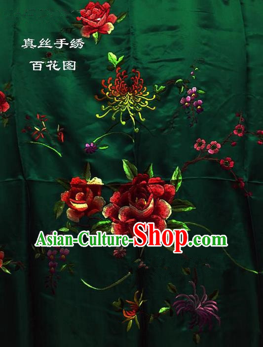 Traditional Asian Chinese Handmade Embroidery Hundred Flowers Quilt Cover Silk Tapestry Deep Green Fabric Drapery, Top Grade Nanjing Brocade Bed Sheet Cloth Material