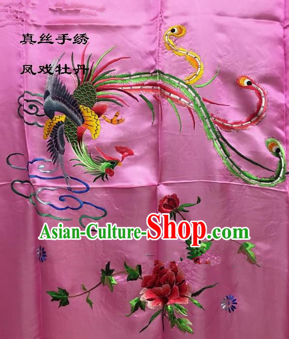 Traditional Asian Chinese Handmade Embroidery Phoenix Peony Quilt Cover Silk Tapestry Pink Fabric Drapery, Top Grade Nanjing Brocade Bed Sheet Cloth Material