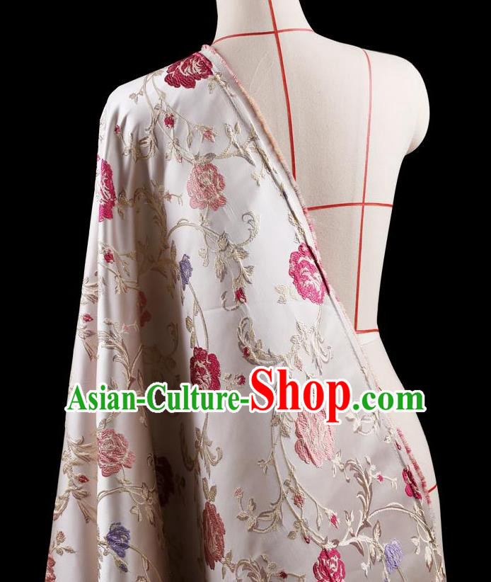 Traditional Asian Chinese Handmade Embroidery Flower Jacquard Weave Coat Silk Tapestry White Fabric Drapery, Top Grade Nanjing Brocade Ancient Costume Cheongsam Cloth Material