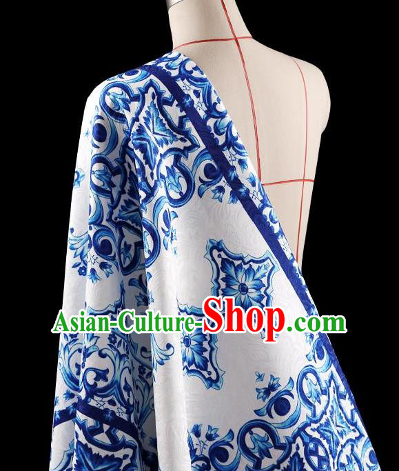 Traditional Asian Chinese Handmade Printing Blue and White Porcelain Dress Silk Satin Fabric Drapery, Top Grade Nanjing Brocade Ancient Costume Cheongsam Cloth Material