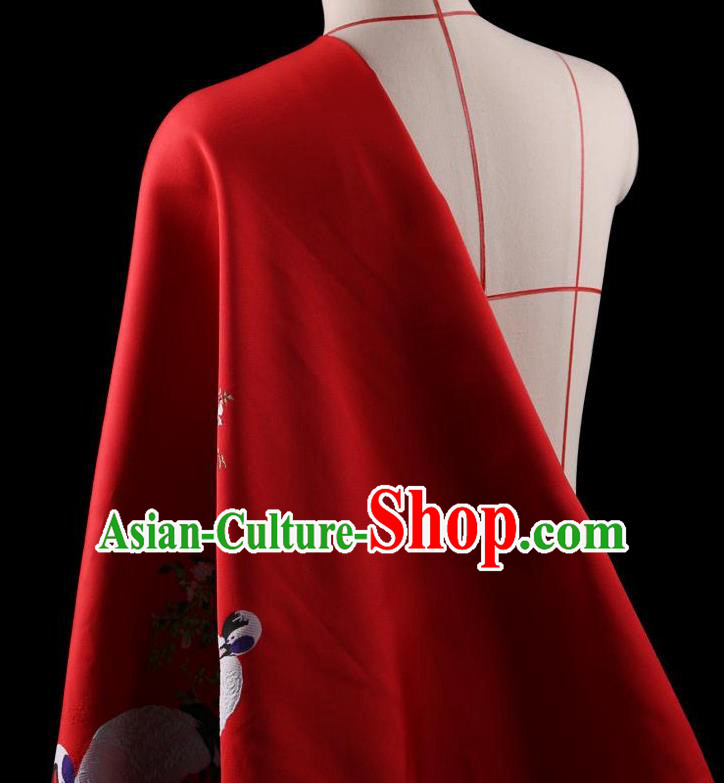 Traditional Asian Chinese Handmade Printing Cranes Dress Silk Satin Red Fabric Drapery, Top Grade Nanjing Brocade Ancient Costume Cheongsam Cloth Material