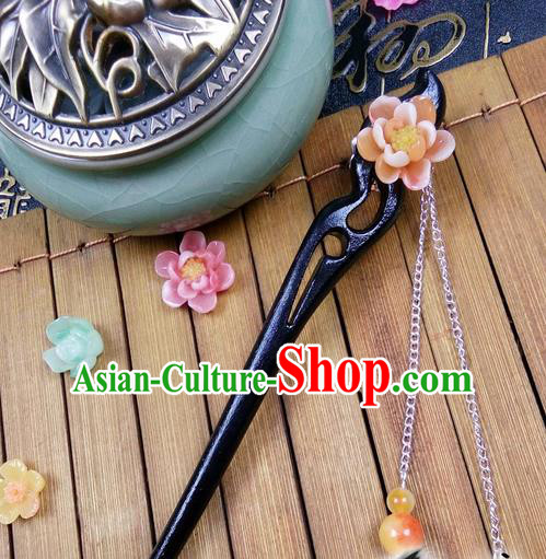 Traditional Handmade Chinese Ancient Classical Hair Accessories Peach Wood Hairpins, Orange Flower Tassel Step Shake Hair Stick Hair Fascinators for Women