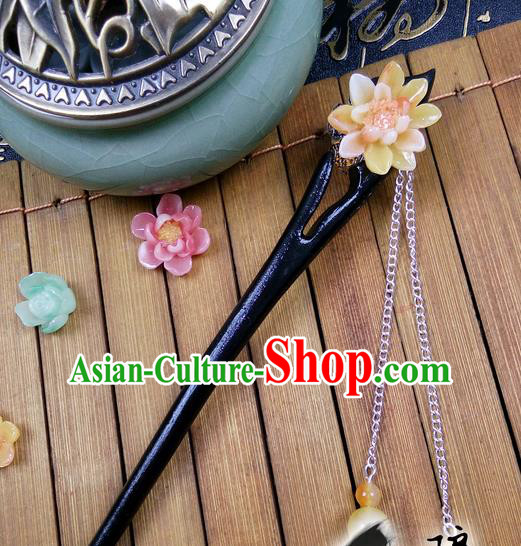 Traditional Handmade Chinese Ancient Classical Hair Accessories Peach Wood Hairpins, Yellow Flower Tassel Step Shake Hair Stick Hair Fascinators for Women