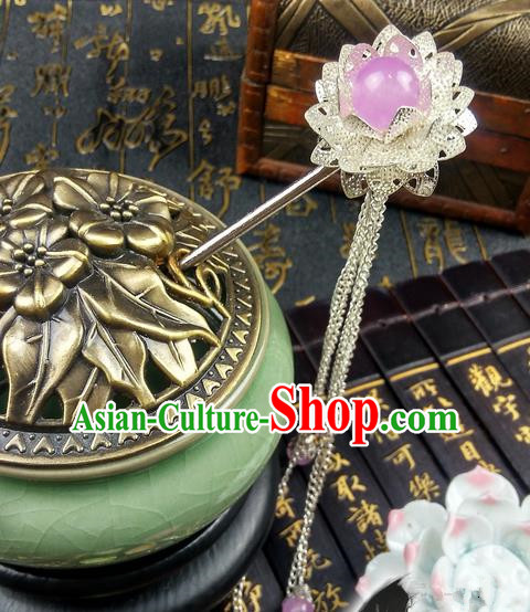 Traditional Handmade Chinese Ancient Classical Hair Accessories Lotus Hairpins, Pink Bead Tassel Step Shake Hair Stick Hair Fascinators for Women