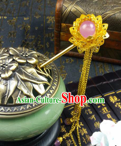 Traditional Handmade Chinese Ancient Classical Hair Accessories Lotus Golden Hairpins, Pink Bead Tassel Step Shake Hair Stick Hair Fascinators for Women
