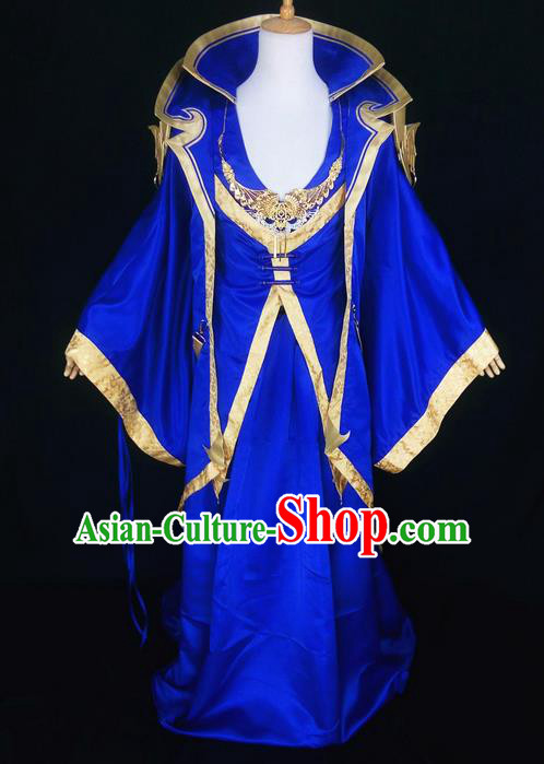 Asian Chinese Traditional Cospaly Han Dynasty Royal Emperor Costume, China Elegant Hanfu Nobility Childe Blue Robe Clothing for Men