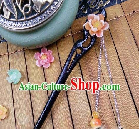 Traditional Handmade Chinese Ancient Classical Hair Accessories Ebony Hairpins, Princess Orange Flower Tassel Step Shake Headpiece for Women