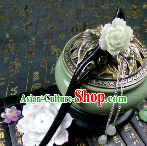 Traditional Handmade Chinese Ancient Classical Hair Accessories Ebony Hairpins, Princess Green Peony Tassel Step Shake Headpiece for Women