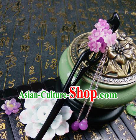 Traditional Handmade Chinese Ancient Classical Hair Accessories Ebony Hairpins, Princess Pink Oriental Cherry Tassel Step Shake Headpiece for Women