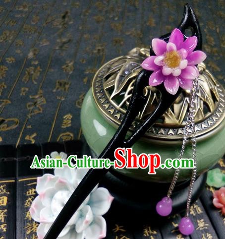 Traditional Handmade Chinese Ancient Classical Hair Accessories Ebony Hairpins, Princess Pink Peach Blossom Tassel Step Shake Headpiece for Women