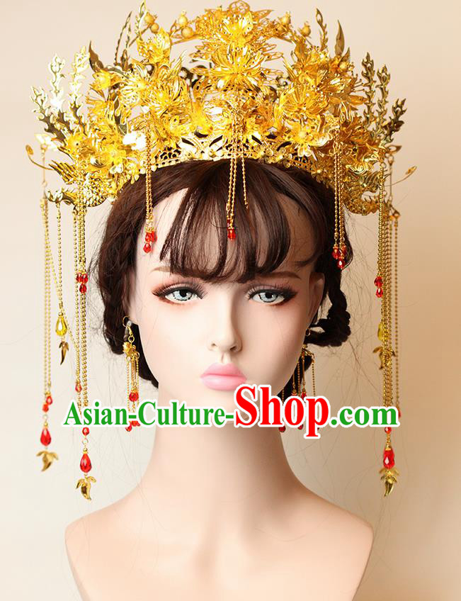 Chinese Ancient Style Hair Jewelry Accessories Wedding Tassel Hairpins, Hanfu Xiuhe Suits Step Shake Bride Handmade Phoenix Coronet Hair Fascinators for Women