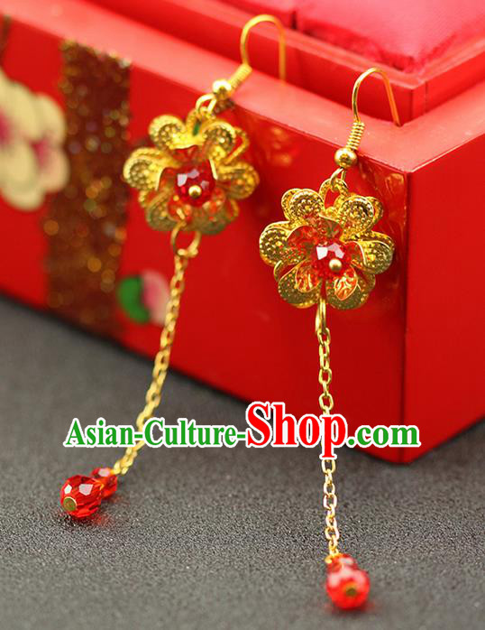 Chinese Ancient Style Hair Jewelry Accessories Wedding Golden Tassel Lotus Earrings, Hanfu Xiuhe Suits Bride Handmade Red Bead Eardrop for Women
