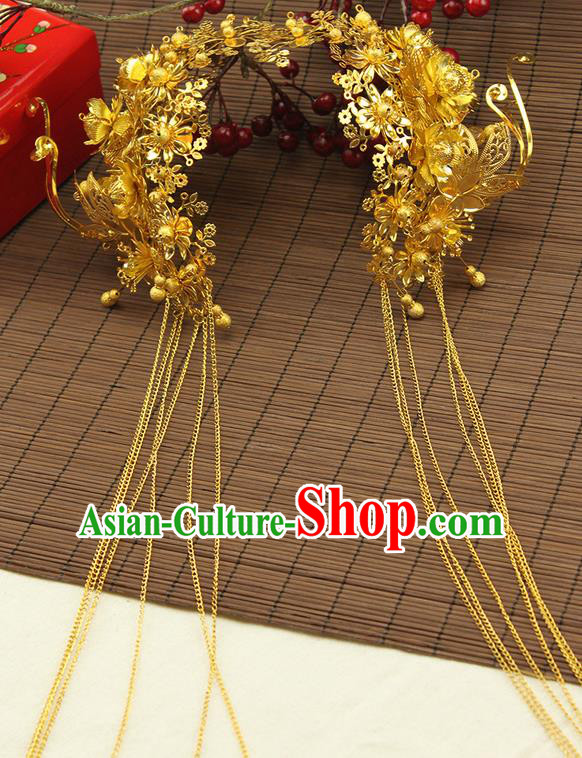 Asian Chinese Ancient Style Hair Jewelry Accessories Wedding Tassel Golden Hair Clasp, Step Shake Hanfu Xiuhe Suits Bride Handmade Phoenix Crown for Women