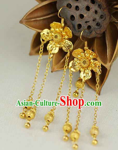 Chinese Ancient Style Hair Jewelry Accessories Wedding Golden Flower Earrings, Hanfu Xiuhe Suits Bride Handmade Eardrop for Women