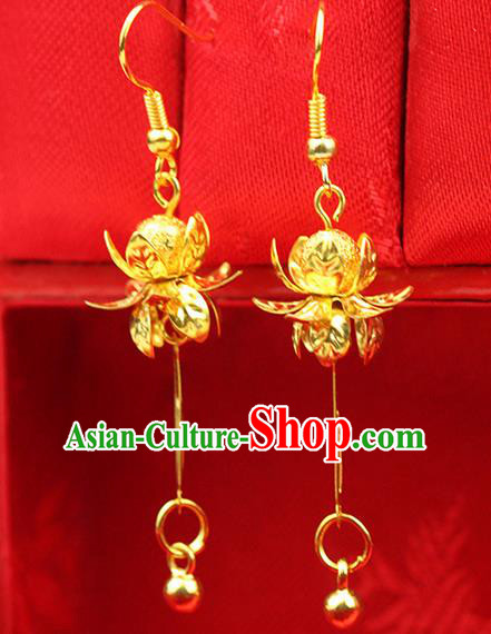 Chinese Ancient Style Hair Jewelry Accessories Wedding Golden Tassel Lotus Earrings, Hanfu Xiuhe Suits Bride Handmade Bead Eardrop for Women
