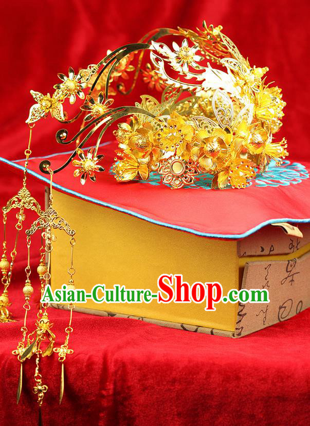 Chinese Ancient Style Hair Jewelry Accessories Wedding Tassel Hairpins, Hanfu Xiuhe Suits Step Shake Bride Tuinga Handmade Phoenix Coronet for Women