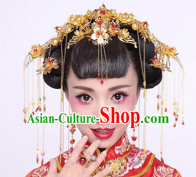 Chinese Ancient Style Hair Jewelry Accessories Wedding Phoenix Coronet Complete Set, Hanfu Xiuhe Suits Step Shake Bride Tuinga Handmade Hairpins for Women