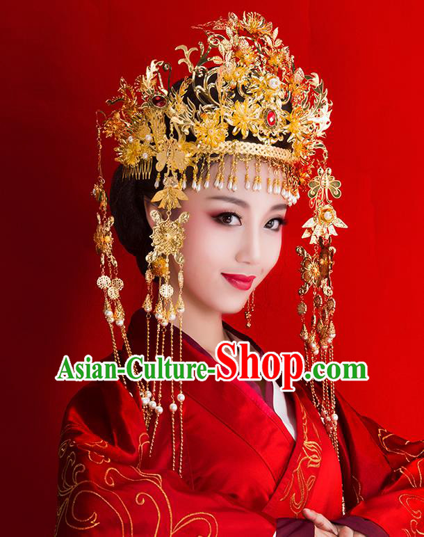 Chinese Ancient Style Hair Jewelry Accessories Wedding Luxury Tassel Hairpins, Hanfu Xiuhe Suits Step Shake Bride Tuinga Handmade Phoenix Coronet Complete Set for Women