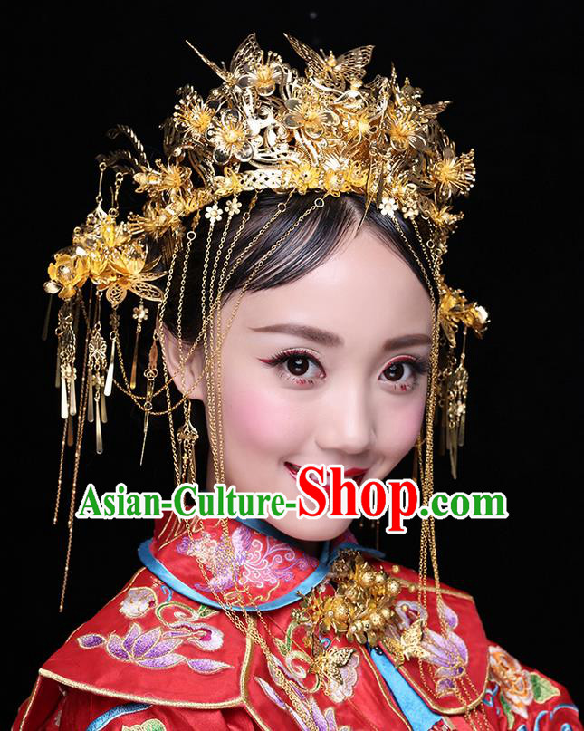 Chinese Ancient Style Hair Jewelry Accessories Wedding Luxury Tassel Hairpins, Hanfu Xiuhe Suits Step Shake Bride Tuinga Handmade Butterfly Phoenix Coronet for Women