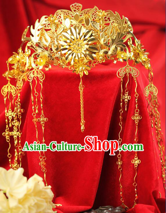 Chinese Ancient Style Hair Jewelry Accessories Wedding Luxury Tassel Hairpins, Hanfu Xiuhe Suits Step Shake Bride Tuinga Handmade Golden Phoenix Coronet for Women
