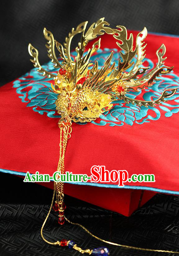 Asian Chinese Ancient Style Hair Jewelry Accessories, Wedding Hanfu Xiuhe Suits Step Shake Bride Handmade Tassel Phoenix Coronet for Women