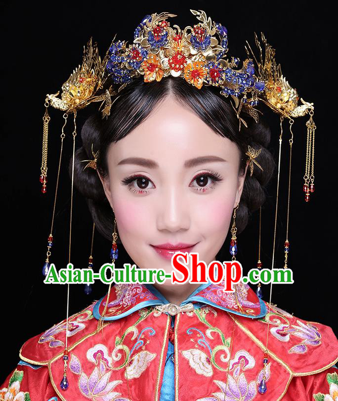 Chinese Ancient Style Hair Jewelry Accessories Wedding Tassel Hairpins, Hanfu Xiuhe Suits Step Shake Bride Handmade Phoenix Coronet Complete Set for Women