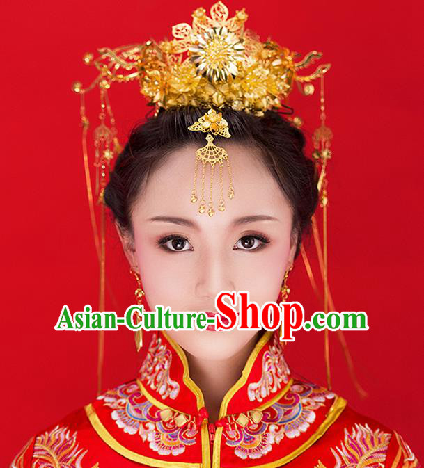 Chinese Ancient Style Hair Jewelry Accessories Wedding Tassel Hairpins, Hanfu Xiuhe Suits Step Shake Bride Tuinga Handmade Phoenix Coronet for Women