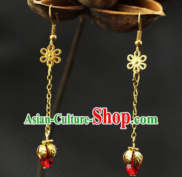 Chinese Ancient Style Hair Jewelry Accessories Wedding Imperial Consort Red Bead Earrings, Hanfu Xiuhe Suits Bride Handmade Golden Eardrop for Women