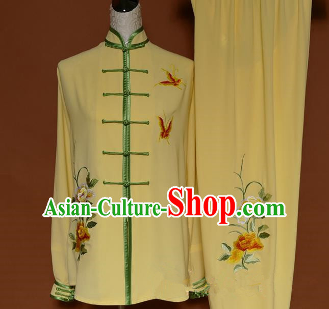 Top Grade Kung Fu Costume Asian Chinese Martial Arts Kung Fu Training Uniform, China Embroidery Butterfly Gongfu Shaolin Wushu Yellow Clothing for Women