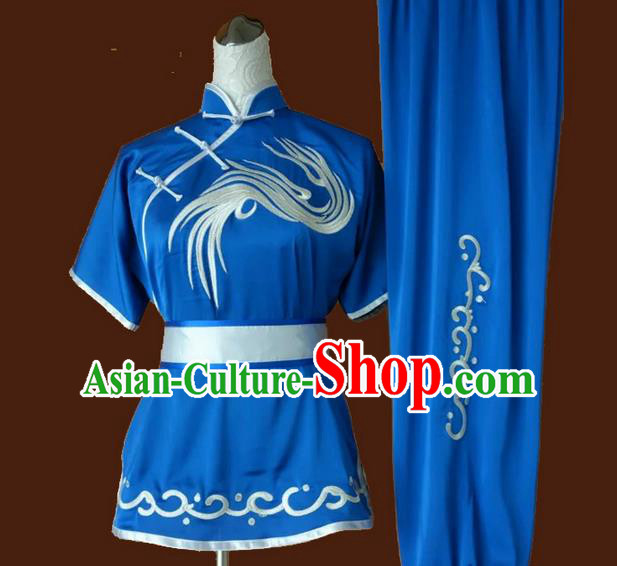 Asian Chinese Top Grade Silk Kung Fu Costume Martial Arts Tai Chi Training Suit, China Embroidery Gongfu Shaolin Wushu Blue Uniform for Women