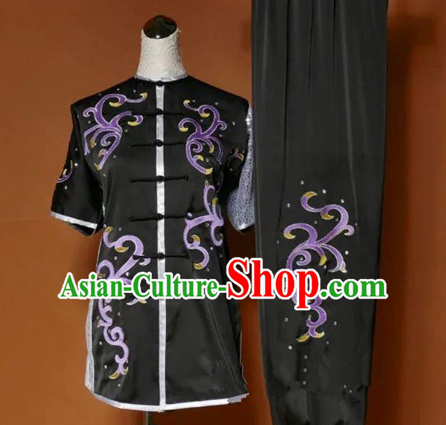 Top Grade Kung Fu Costume Asian Chinese Martial Arts Tai Chi Training Black Uniform, China Embroidery Purple Paillette Gongfu Shaolin Wushu Clothing for Women