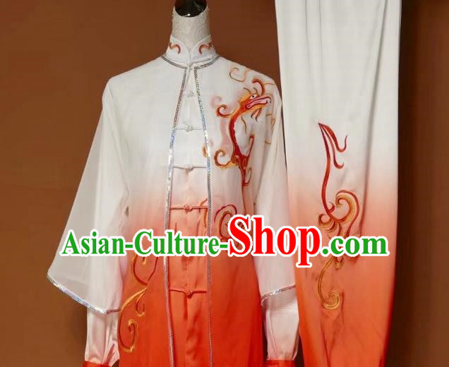 Top Grade Kung Fu Silk Costume Asian Chinese Martial Arts Tai Chi Training Orange Uniform, China Embroidery Dragon Gongfu Shaolin Wushu Clothing for Men