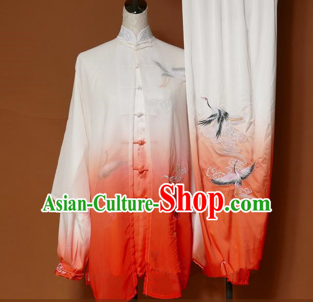 Top Grade Kung Fu Silk Costume Asian Chinese Martial Arts Tai Chi Training Orange Uniform, China Embroidery Crane Gongfu Shaolin Wushu Clothing for Men