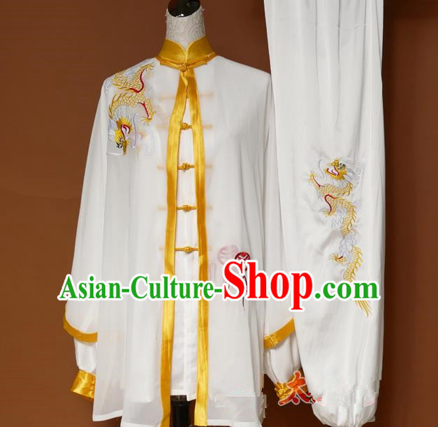Top Grade Kung Fu Silk Costume Asian Chinese Martial Arts Tai Chi Training Uniform, China Embroidery Yellow Dragon Gongfu Shaolin Wushu Clothing for Men for Women