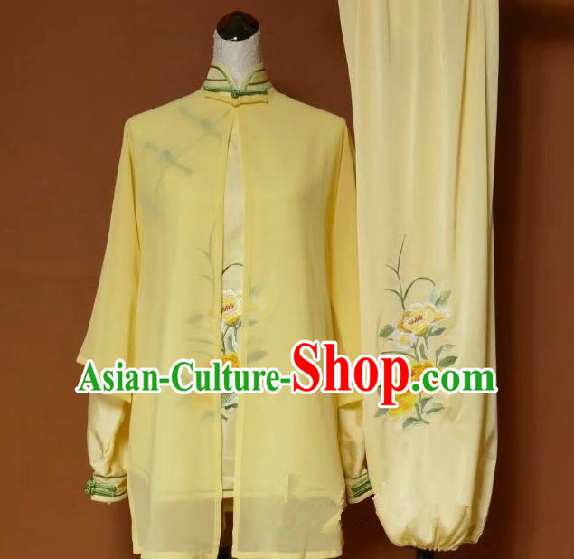 Top Grade Kung Fu Silk Costume Asian Chinese Martial Arts Tai Chi Training Yellow Uniform, China Embroidery Peony Gongfu Shaolin Wushu Clothing for Women