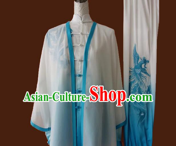 Top Grade Kung Fu Silk Costume Asian Chinese Martial Arts Tai Chi Training Gradient Blue Uniform, China Embroidery Phoenix Gongfu Shaolin Wushu Clothing for Women