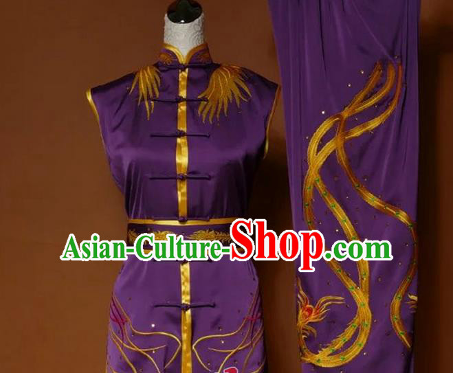 Top Grade Kung Fu Silk Costume Asian Chinese Martial Arts Tai Chi Training Gradient Purple Uniform, China Embroidery Phoenix Gongfu Shaolin Wushu Clothing for Women