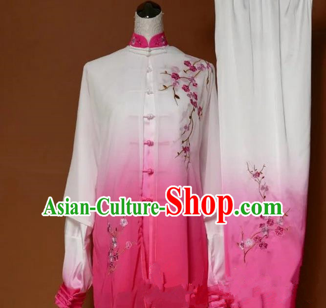 Top Grade Kung Fu Silk Costume Asian Chinese Martial Arts Tai Chi Training Gradient Pink Uniform, China Embroidery Plum Blossom Gongfu Shaolin Wushu Clothing for Women