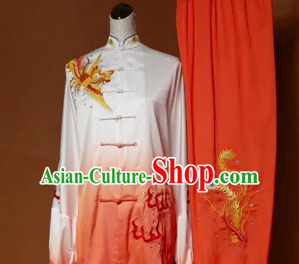 Top Grade Kung Fu Silk Costume Asian Chinese Martial Arts Tai Chi Training Gradient Orange Uniform, China Embroidery Phoenix Gongfu Shaolin Wushu Clothing for Women