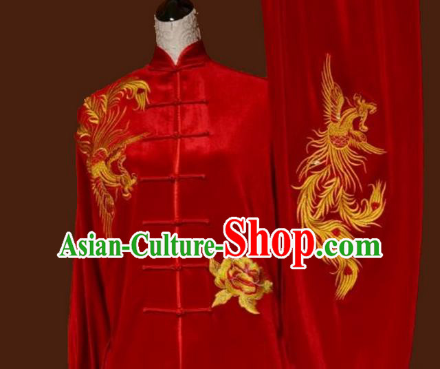 Asian Chinese Top Grade Velvet Kung Fu Costume Martial Arts Tai Chi Training Red Uniform, China Embroidery Phoenix Gongfu Shaolin Wushu Clothing for Women