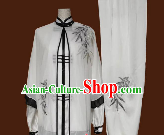 Asian Chinese Top Grade Silk Kung Fu Costume Martial Arts Tai Chi Training White Uniform, China Embroidery Bamboo Gongfu Shaolin Wushu Clothing for Women